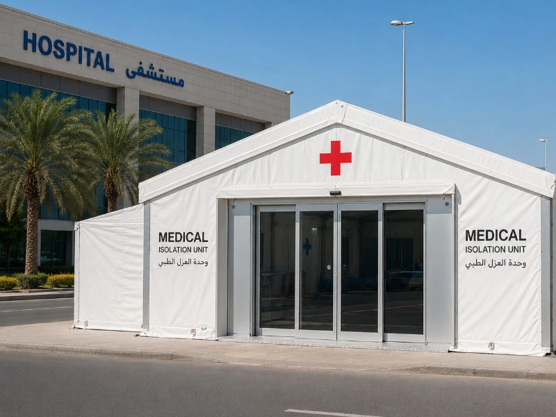 Medical tent installed in UAE for emergency hospital use with aluminum frame and PVC cover Medical tent installed in UAE for emergency hospital use with aluminum frame and PVC cover